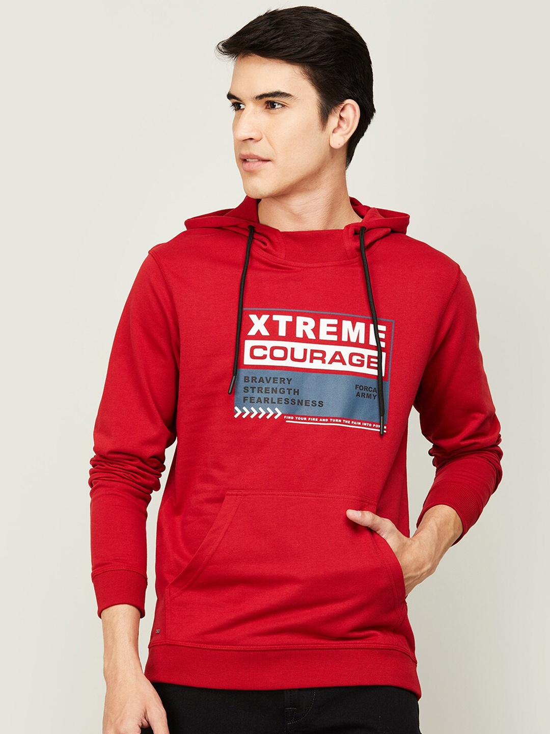 

Forca Men Red Printed Hooded Cotton Sweatshirt