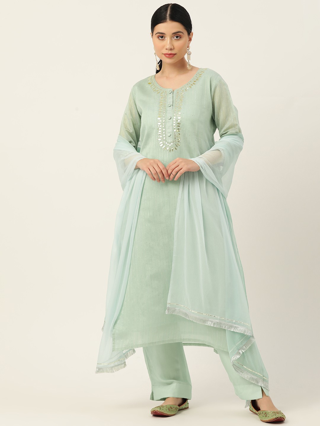 

Jaipur Morni Women Green Printed Thread Work Chanderi Cotton Kurta with Palazzos & With Dupatta