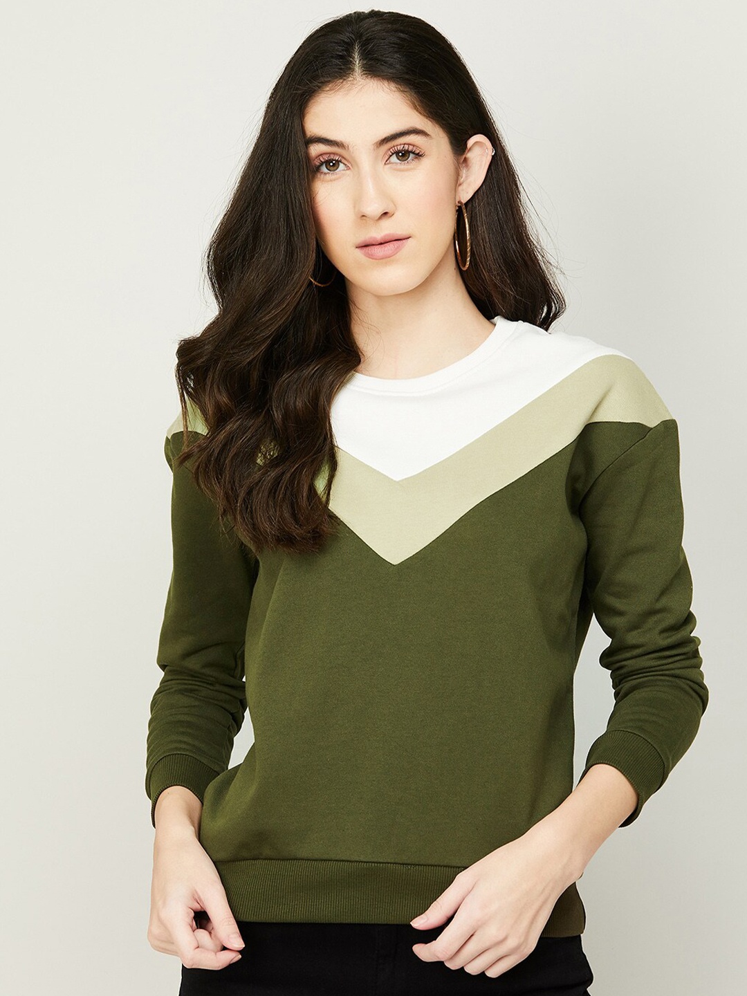 

CODE by Lifestyle Women Olive Green Colourblocked Cotton Sweatshirt