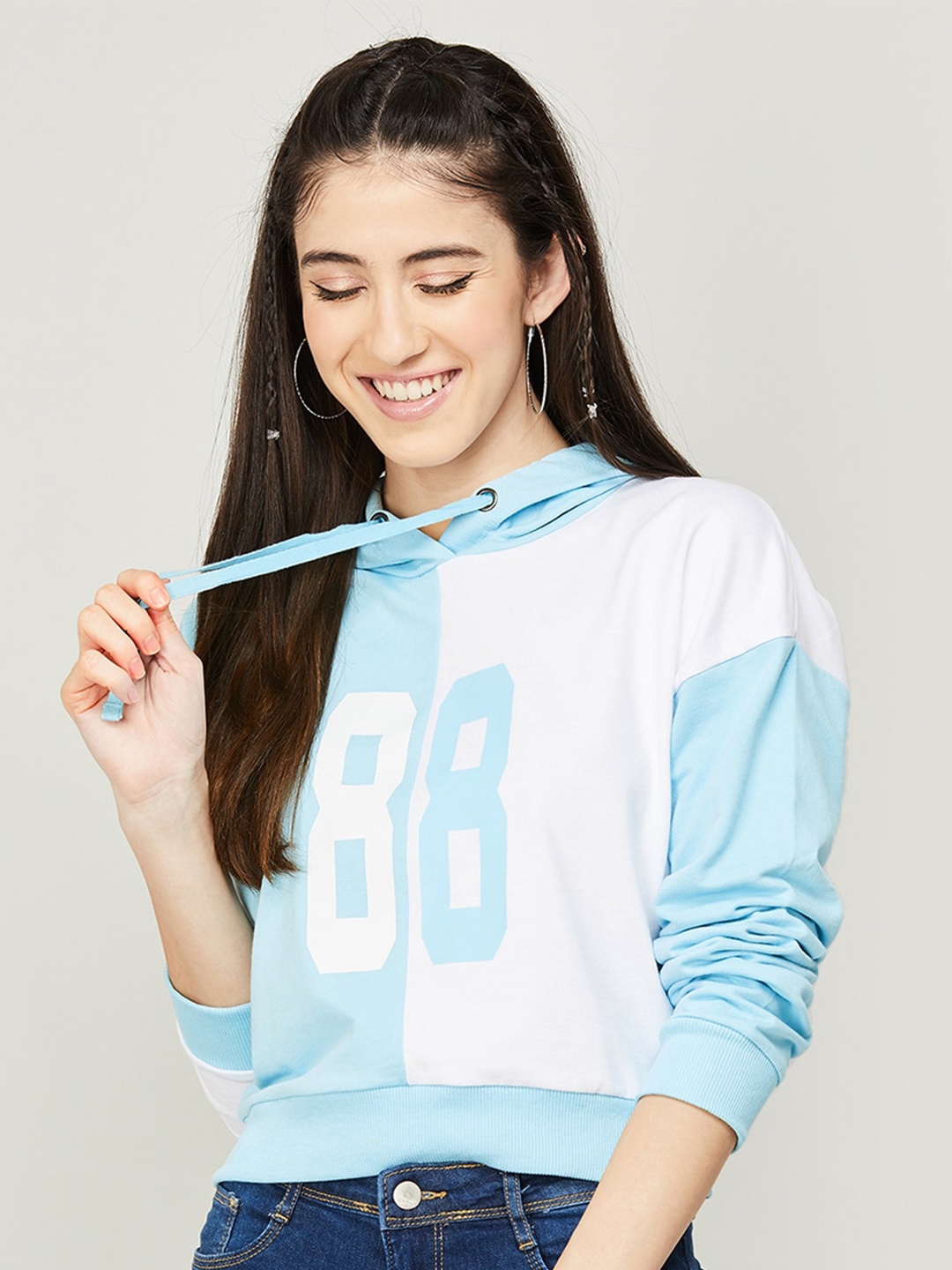

Ginger by Lifestyle Women Blue Colourblocked Hooded Cotton Sweatshirt