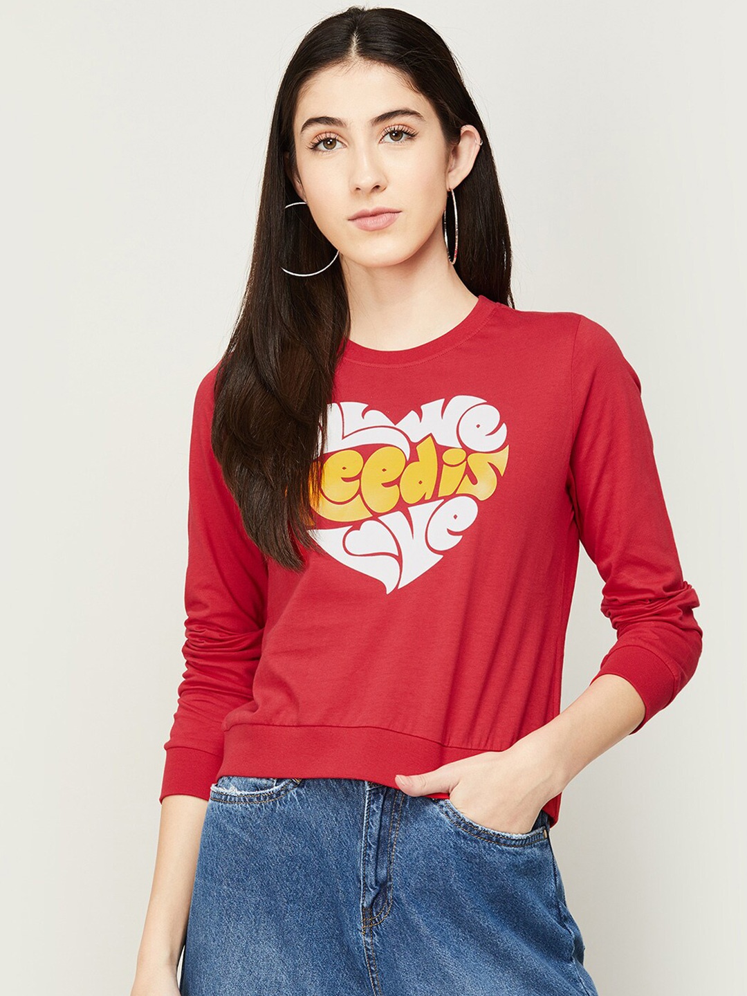 

Ginger by Lifestyle Women Red Printed Slim Fit Cotton T-shirt