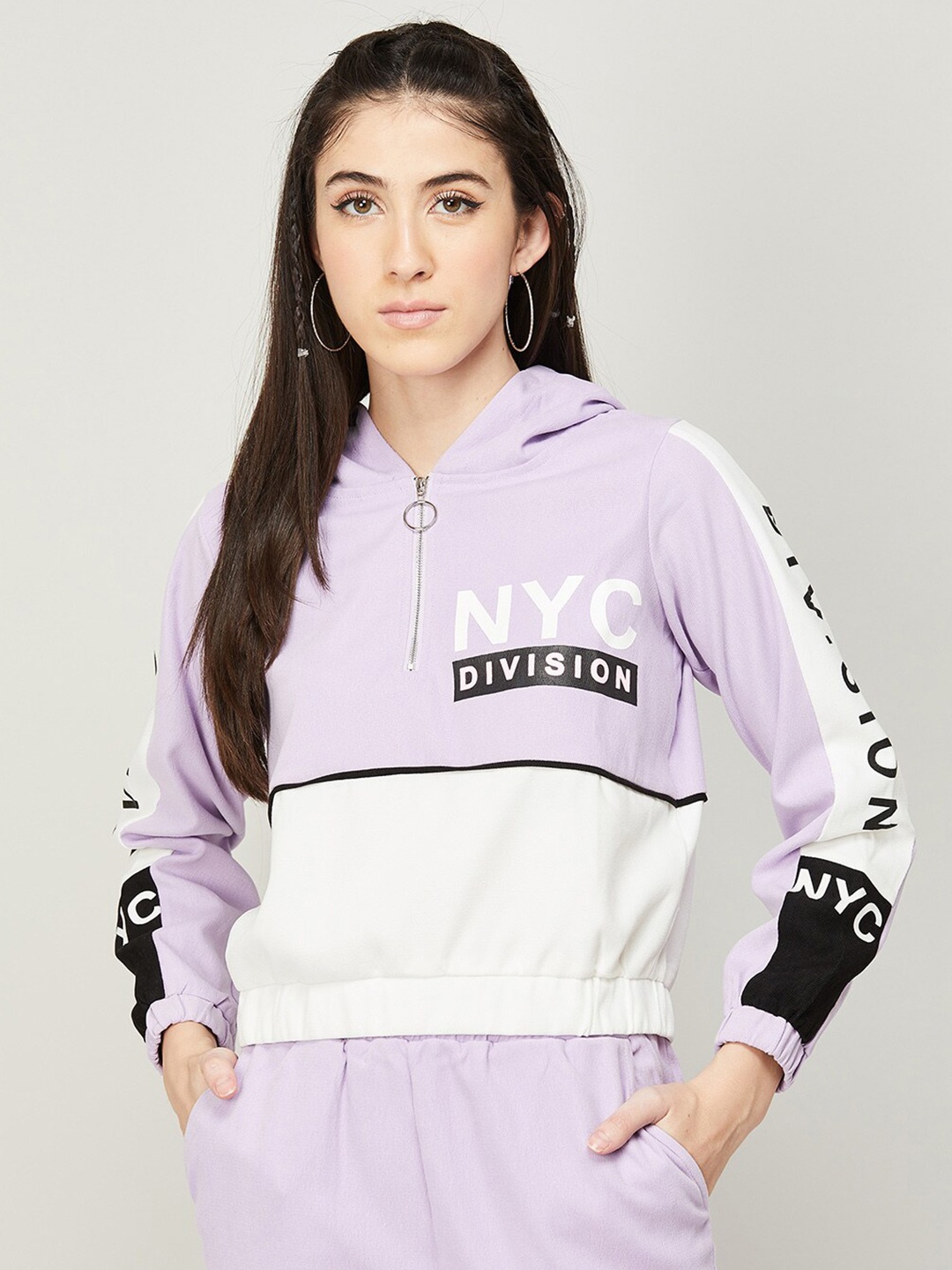 

Ginger by Lifestyle Women Purple Colourblocked Hooded Sweatshirt