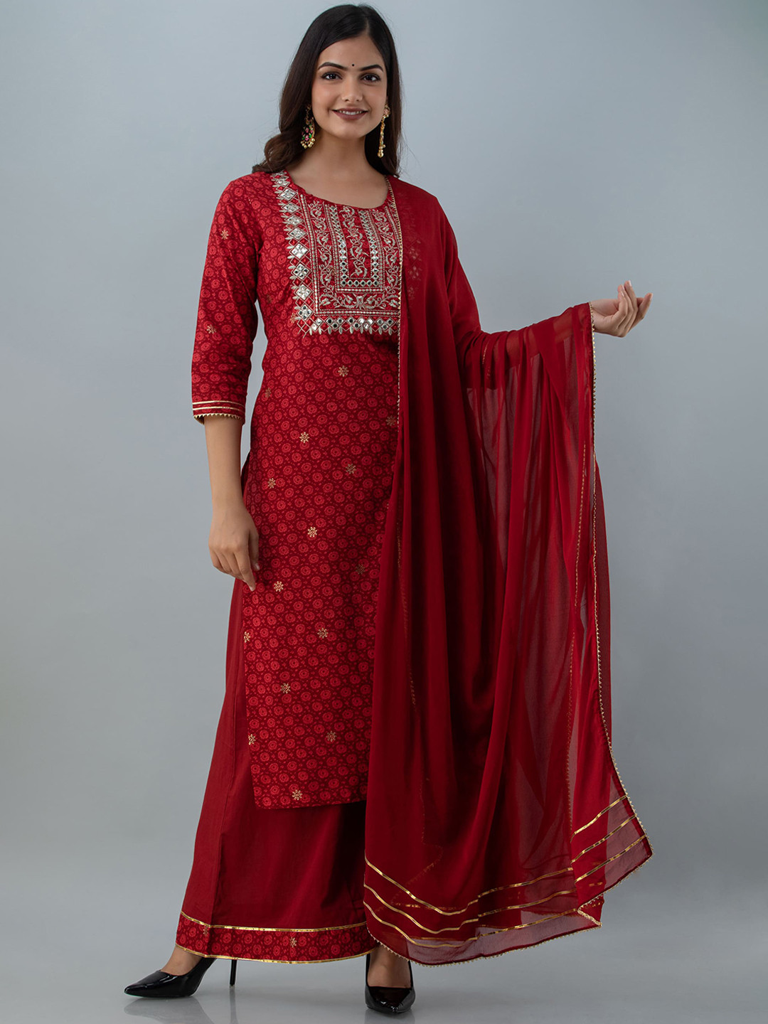 

TASVIKA Women Maroon Ethnic Motifs Printed Pure Cotton Kurta with Palazzos & With Dupatta