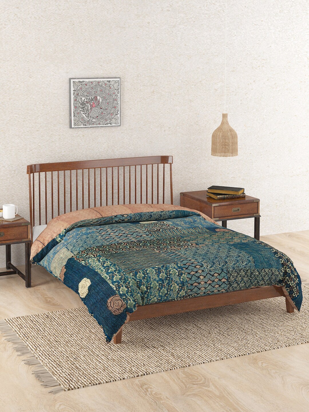 

Fabindia Blue & Brown Floral Mild Winter Cotton Single Bed Quilt