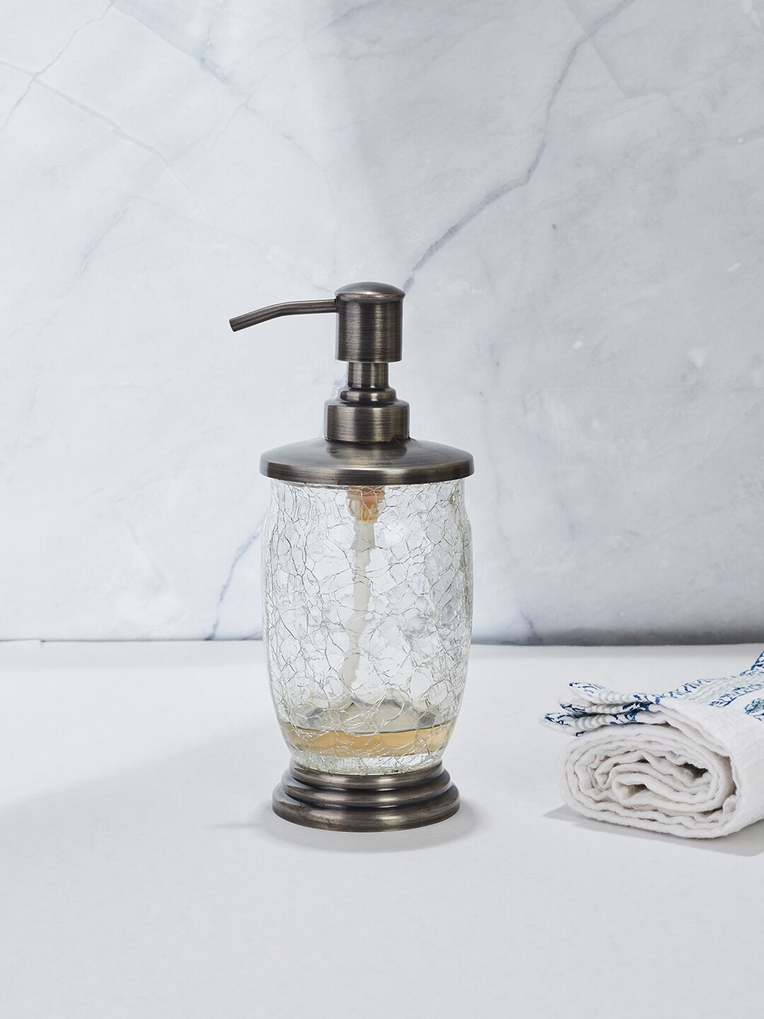 

Fabindia Silver & Transparent Textured Glass Soap Dispenser