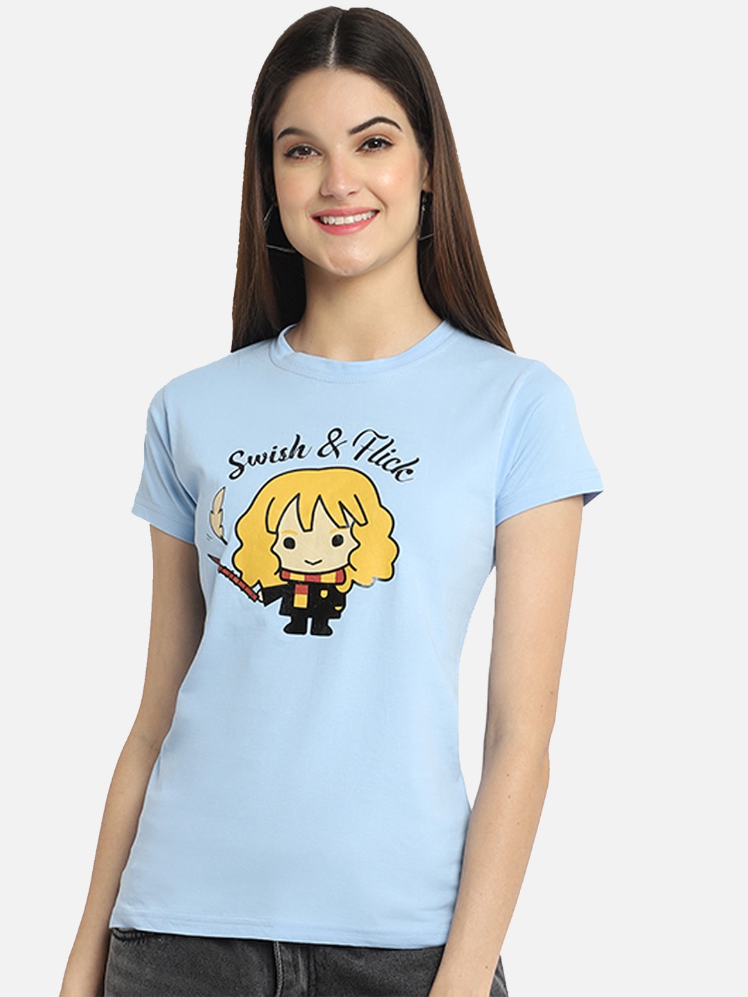 

Fabflee Women Pure Cotton Graphic Printed Round Neck Regular Fit T-Shirt, Blue