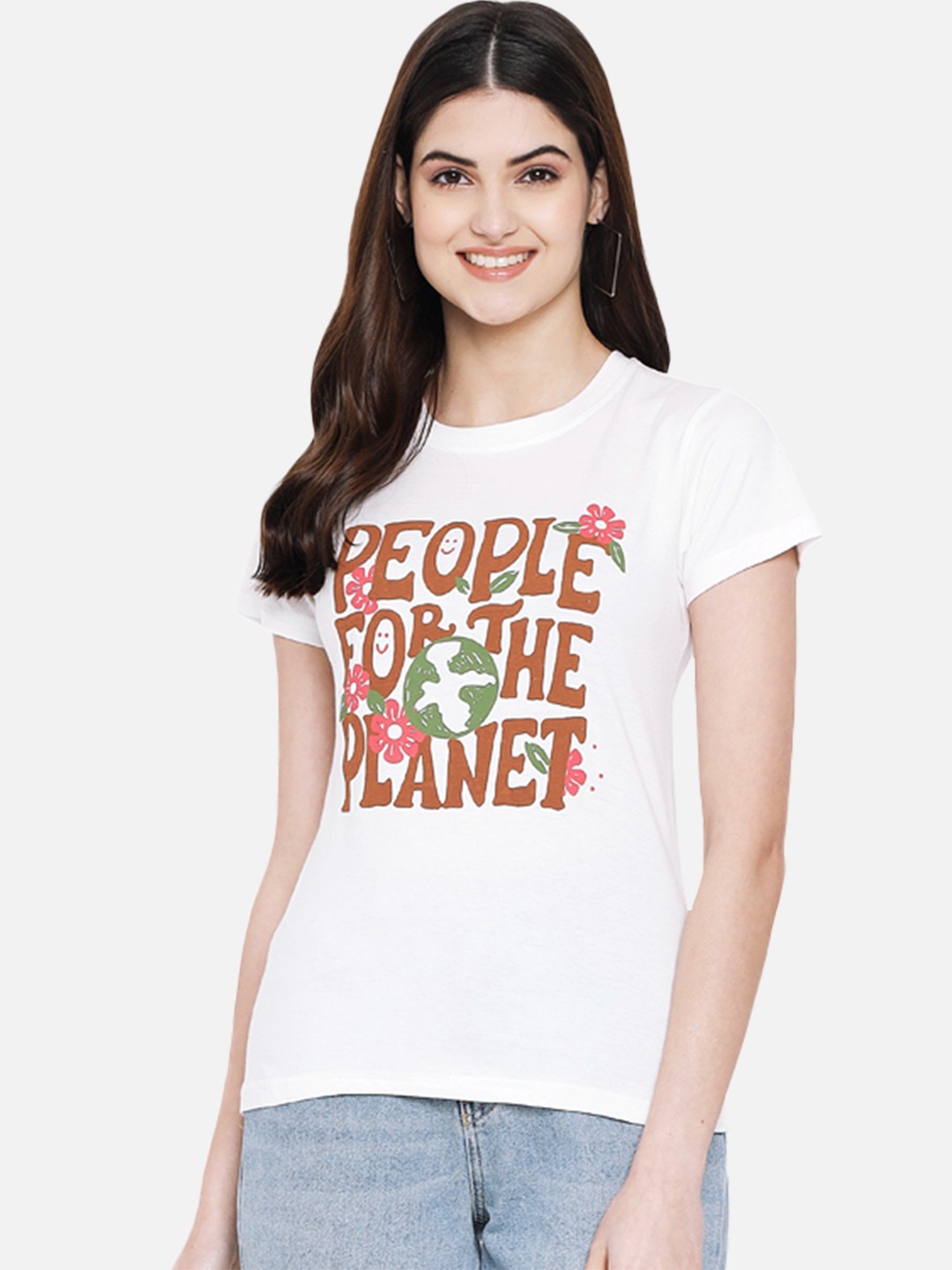 

Fabflee Women Graphic Round Neck Pure Cotton Regular Fit T-Shirt, Off white
