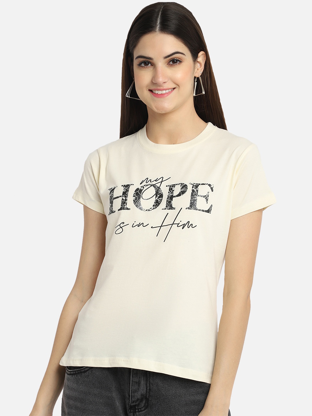 

Fabflee Women Graphic Tee Round Neck Pure Cotton Regular Fit T-Shirt, Cream