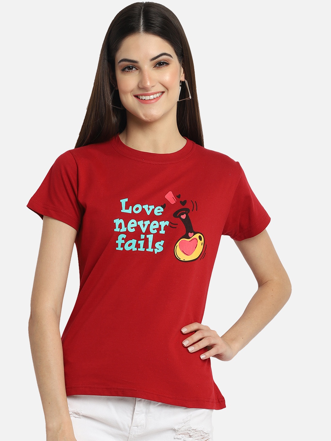 

Fabflee Women Graphic Tee Round Neck Pure Cotton Regular Fit T-Shirt, Red