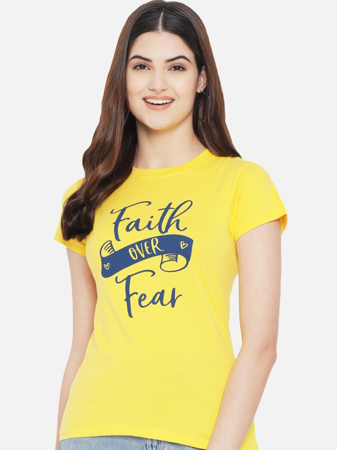 

Fabflee Women Pure Cotton Graphic Printed Round Neck Regular Fit T-Shirt, Yellow