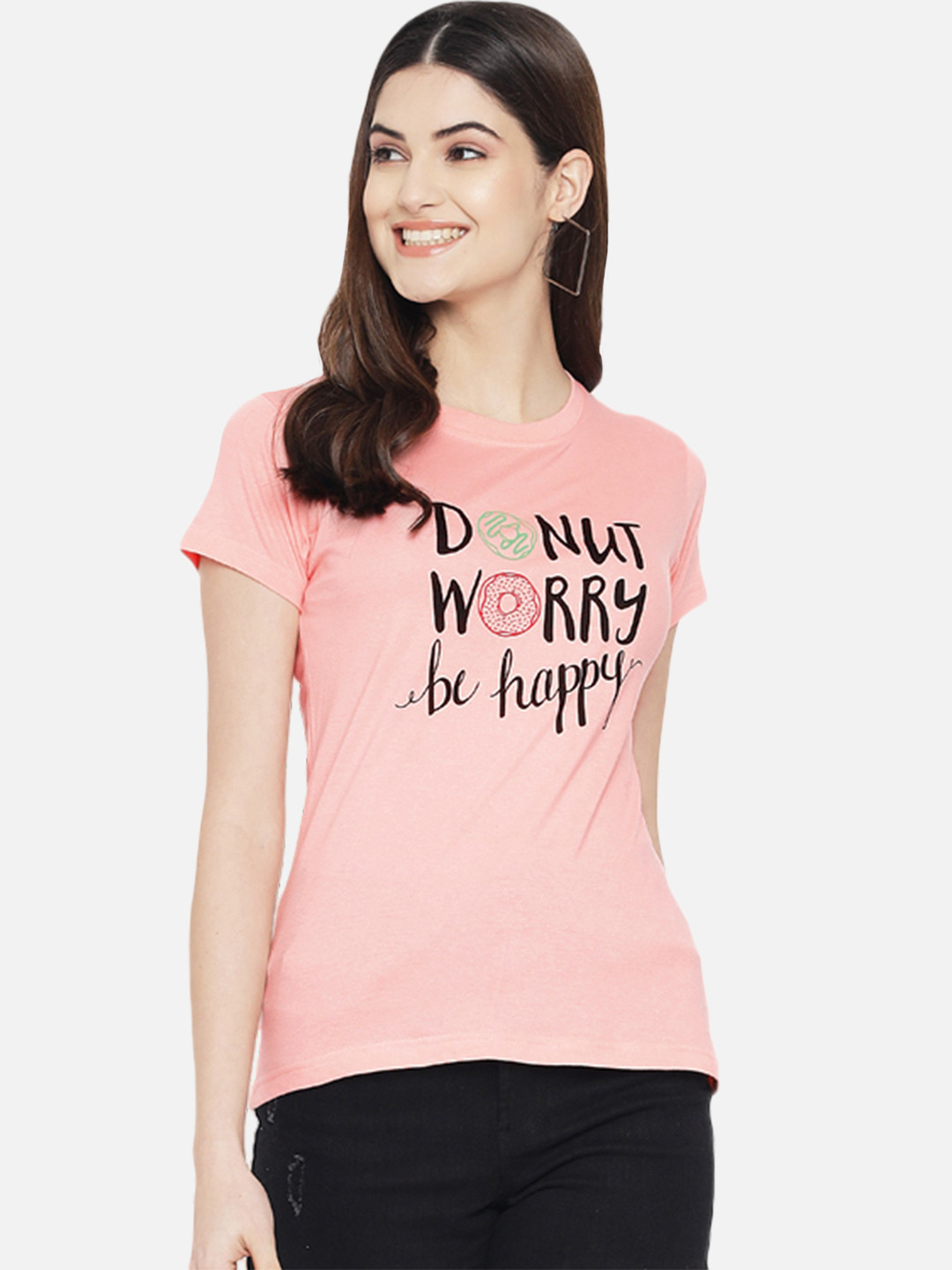 

Fabflee Women Graphic Printed Round Neck Pure Cotton Regular Fit T-Shirt, Peach