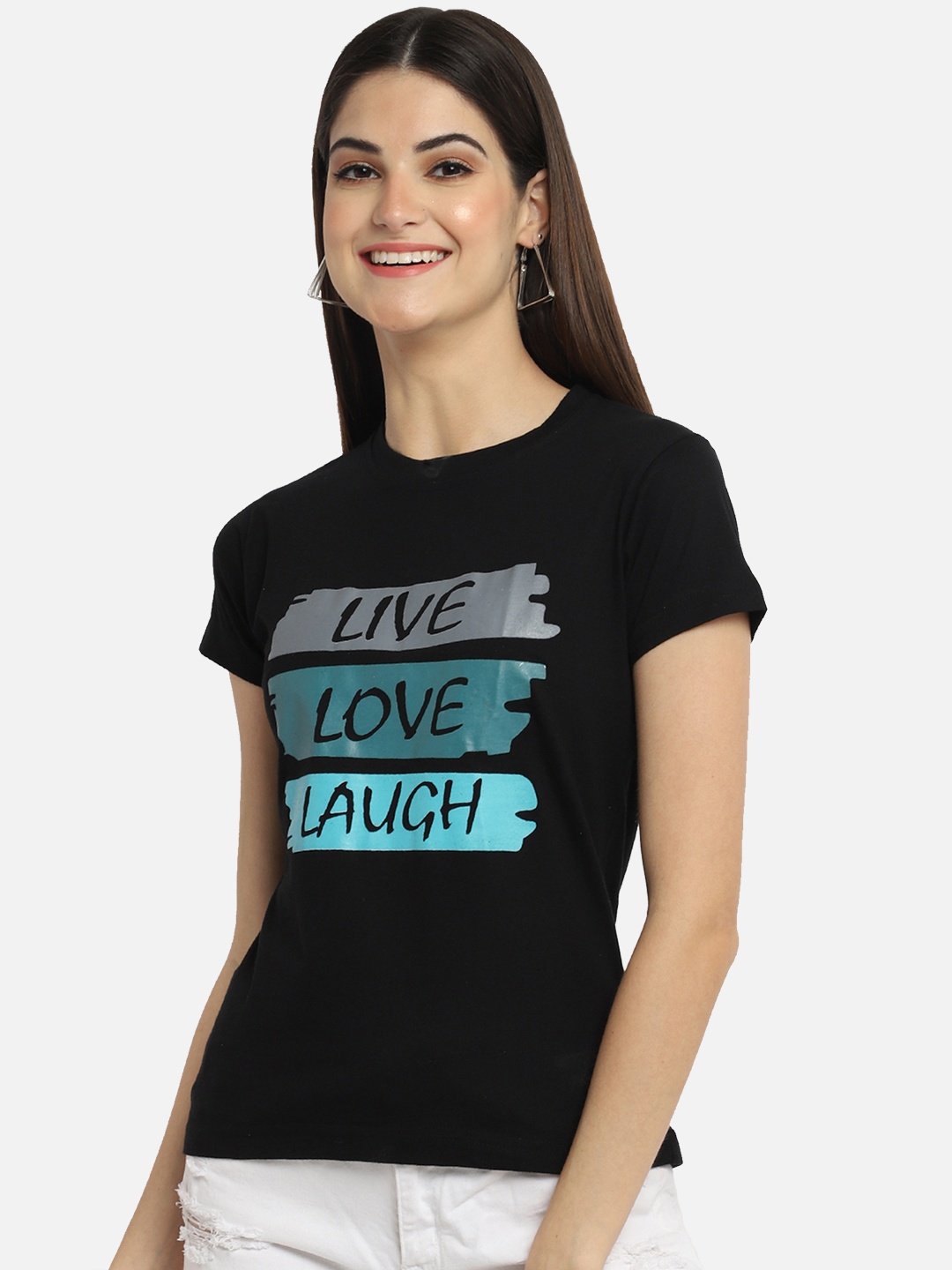 Fabflee Women Typography Printed Pure Cotton T-shirt, Black