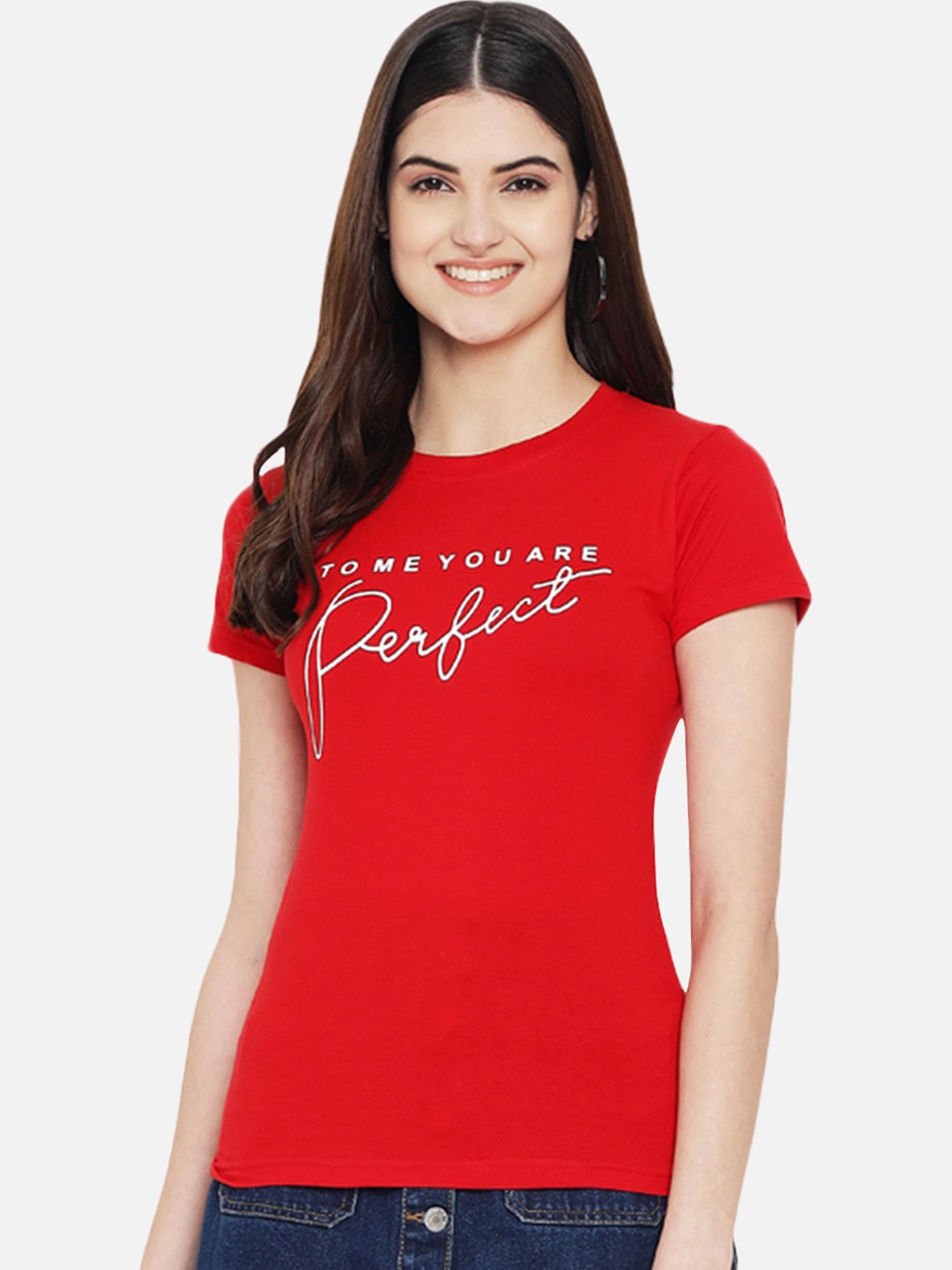 

Fabflee Women Pure Cotton Graphic Printed Round Neck Regular Fit T-Shirt, Red