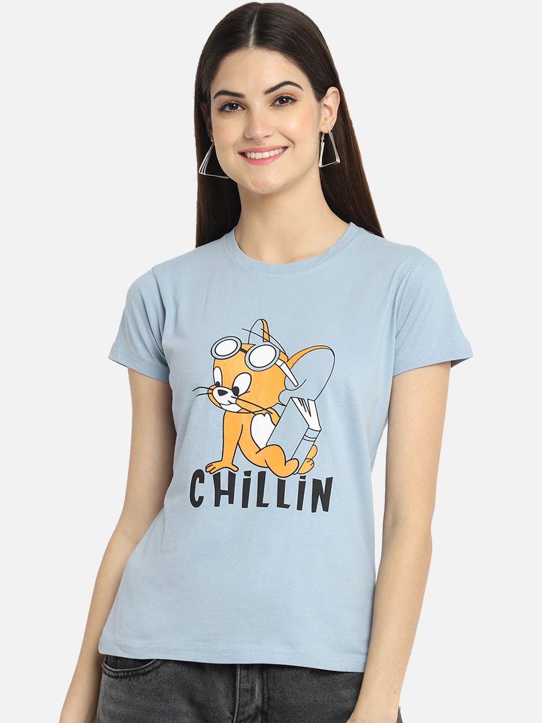

Fabflee Women Tom & Jerry Printed Pure Cotton T-shirt, Blue