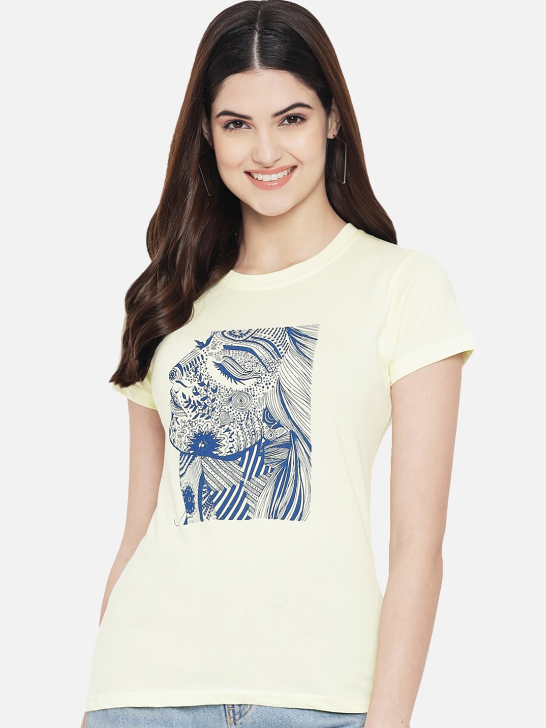 

Fabflee Women Yellow Printed Round Neck Cotton T-shirt