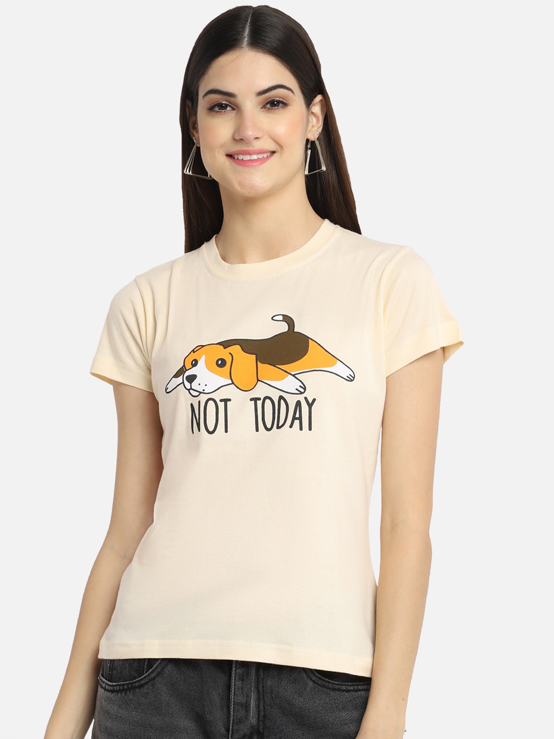 

Fabflee Women Graphic Round Neck Pure Cotton Regular Fit T-Shirt, Beige