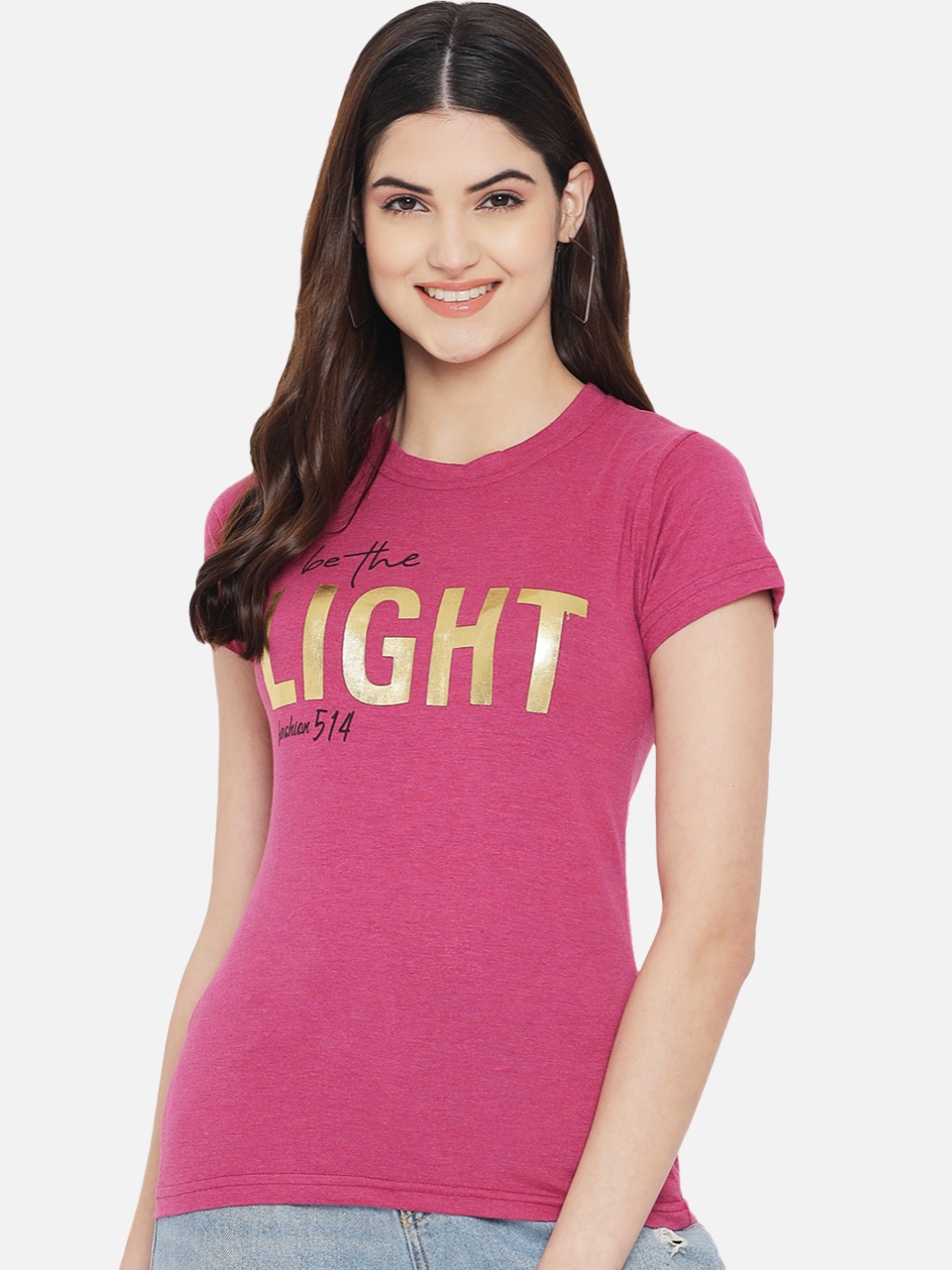 

Fabflee Women Pure Cotton Graphic Printed Round Neck Regular Fit T-Shirt, Pink