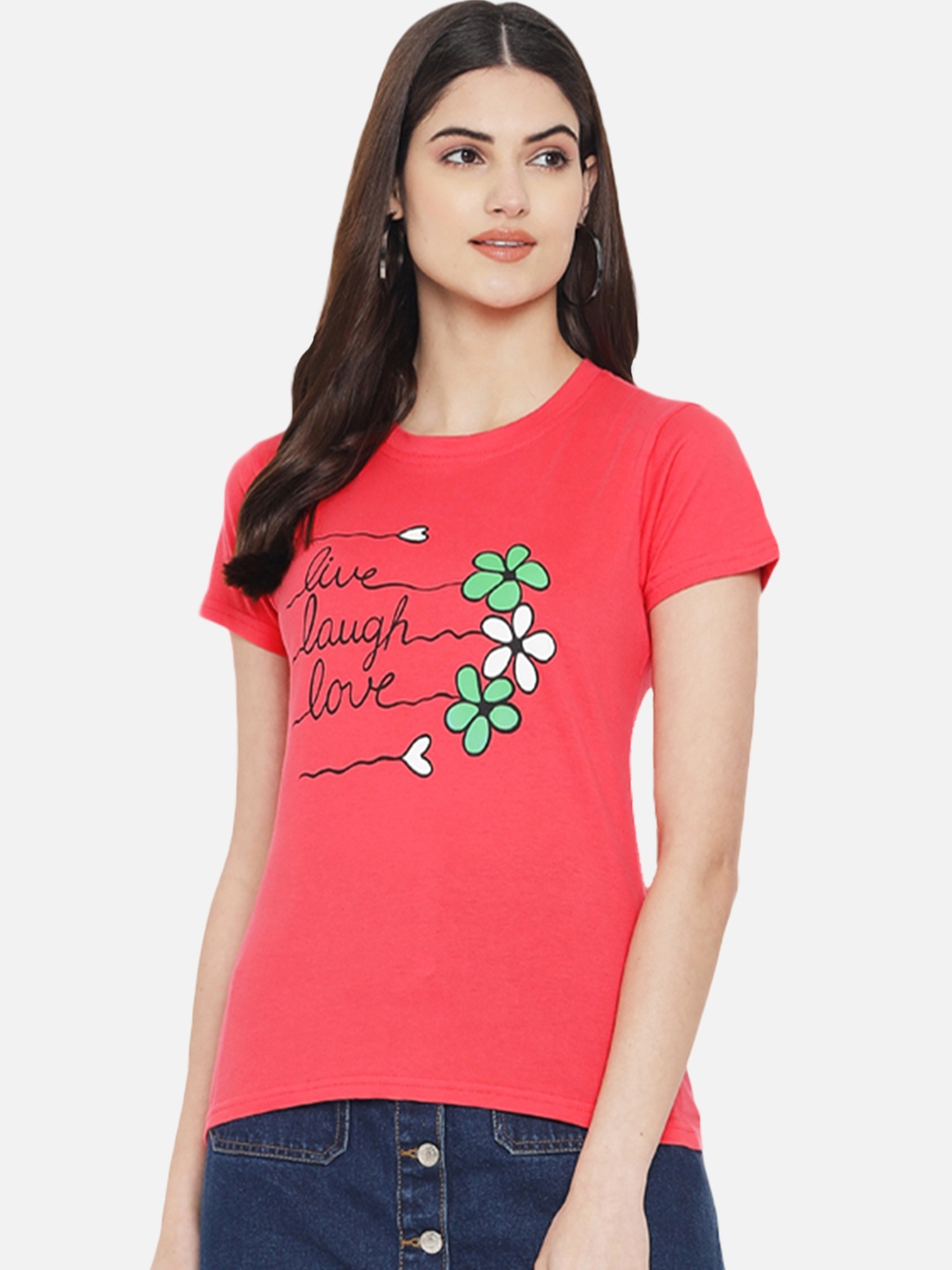 

Fabflee Women Graphic Printed Round Neck Pure Cotton Regular Fit T-Shirt, Peach