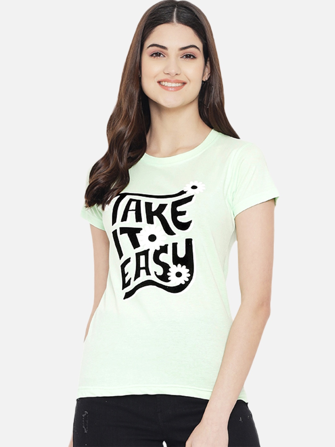Fabflee Women Pure Cotton Graphic Printed Round Neck Regular Fit T-Shirt, Sea green