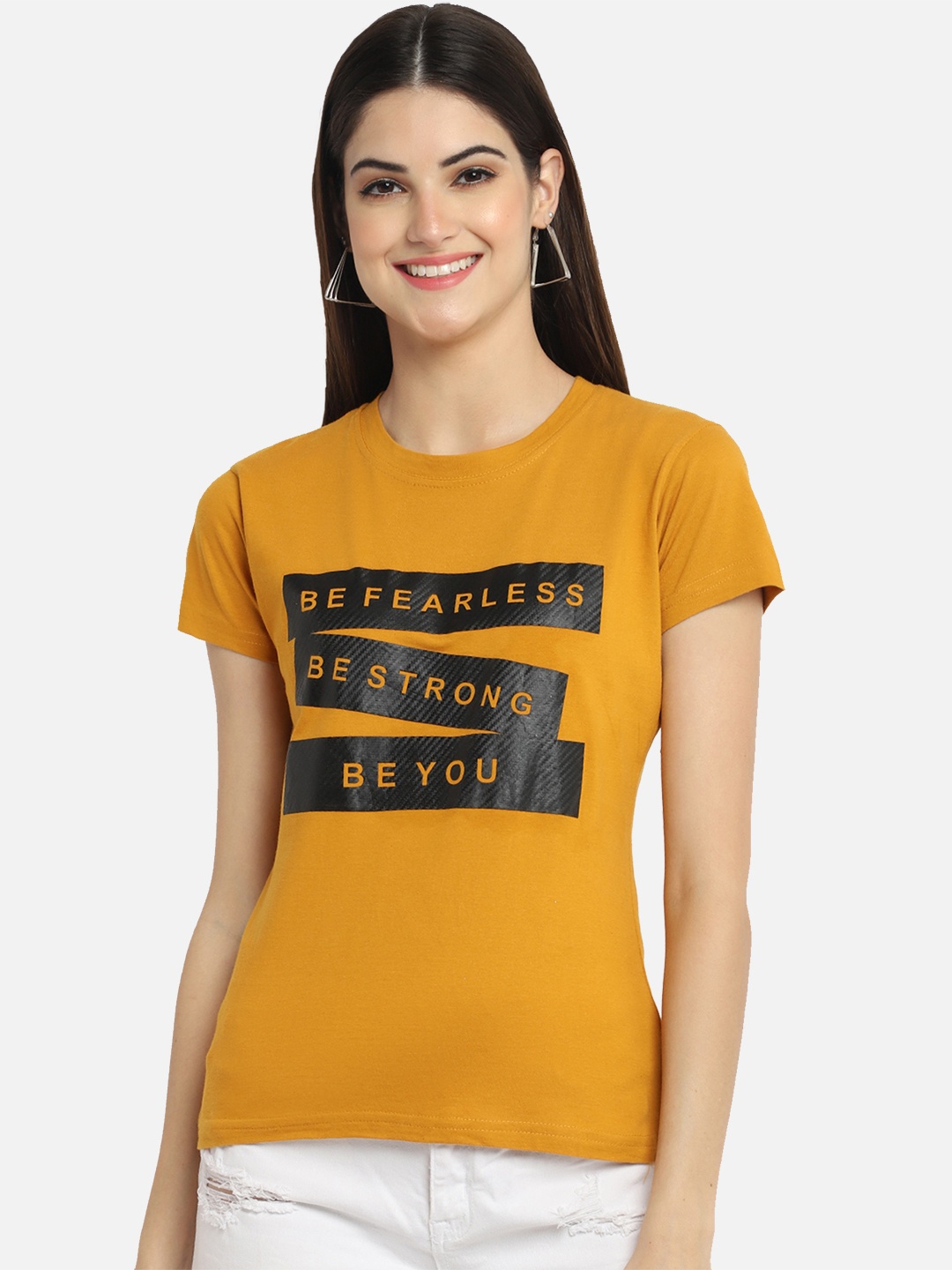 

Fabflee Women Typography Printed Pure Cotton T-shirt, Mustard