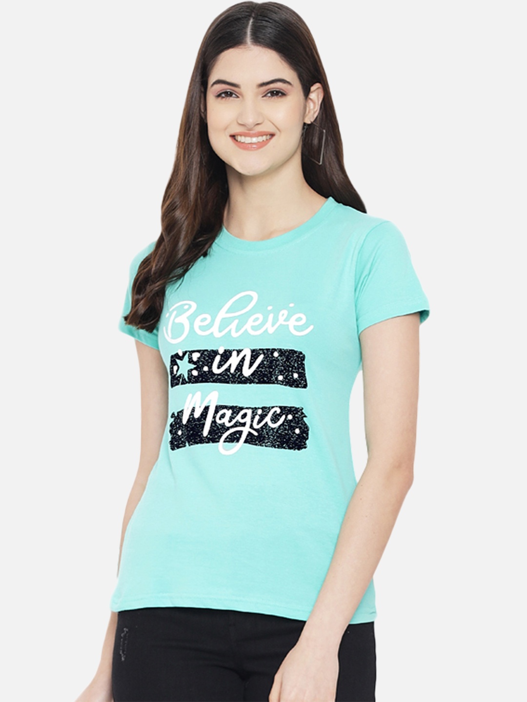 

Fabflee Women Teal Typography Printed Round Neck Cotton T-shirt
