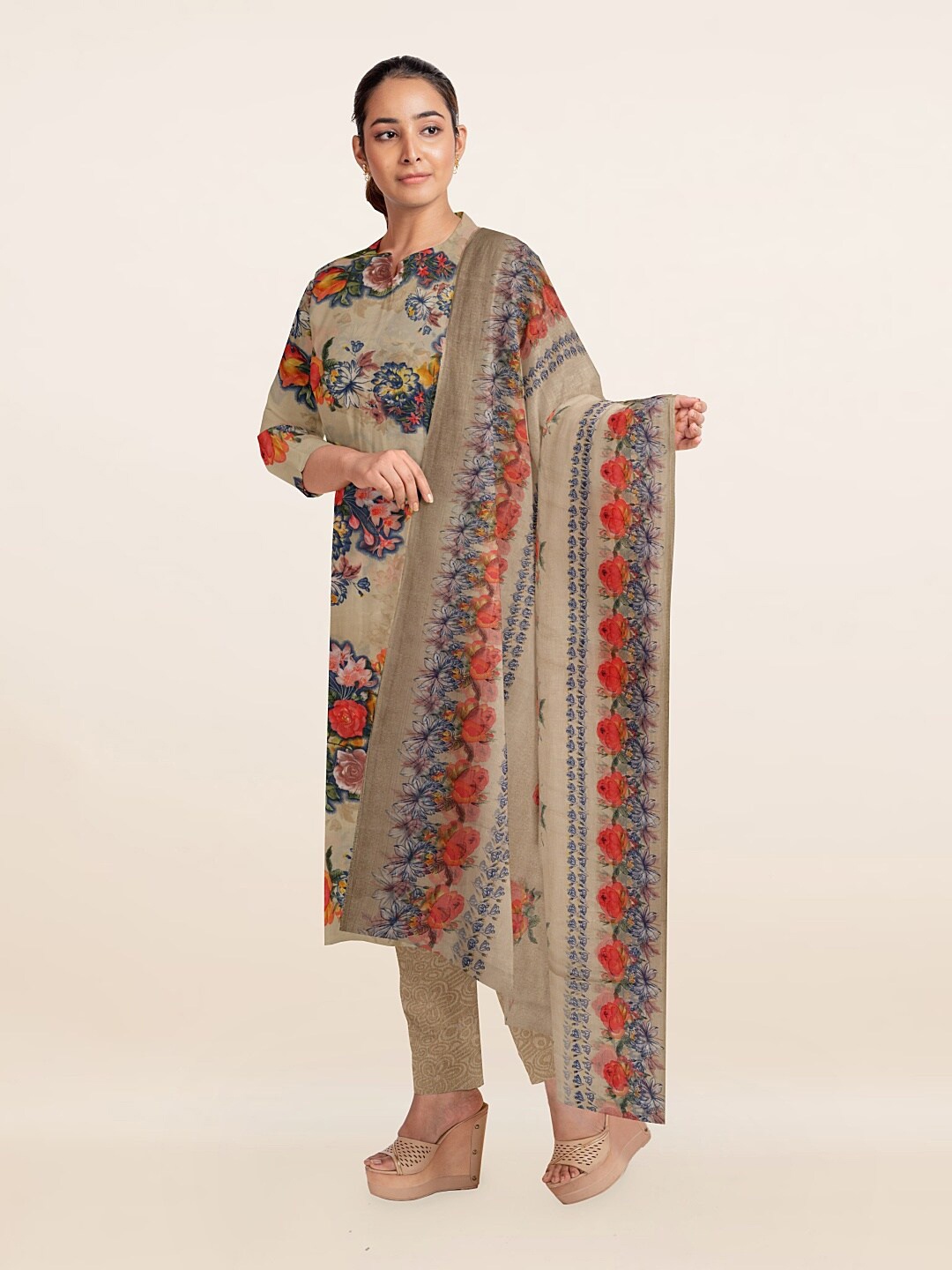 

Pothys Cream-Coloured & Blue Unstitched Dress Material