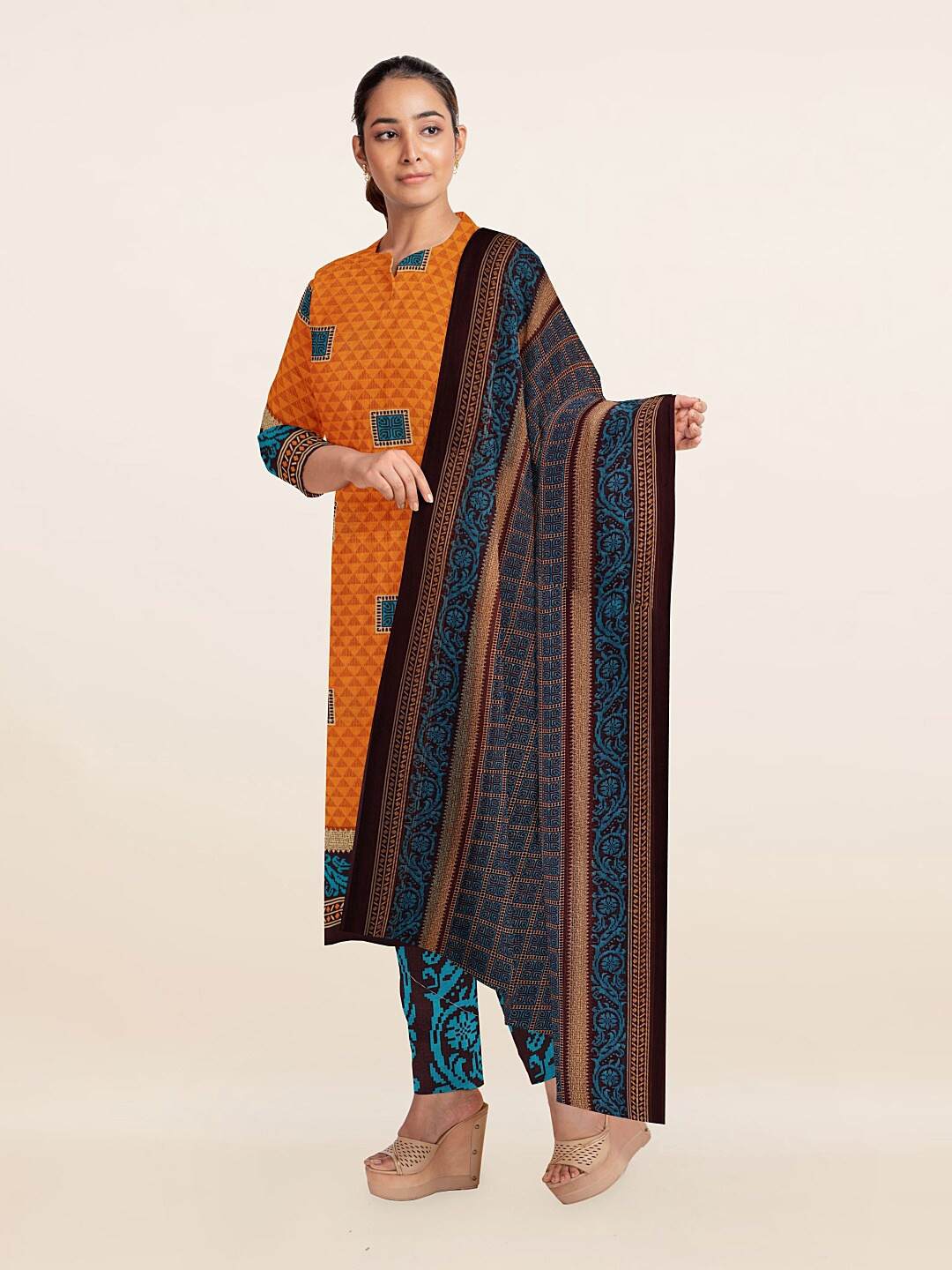 

Pothys Orange & Blue Unstitched Dress Material