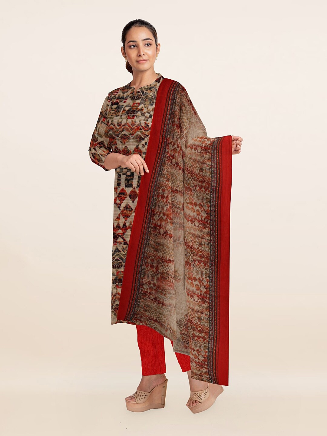 

Pothys Brown & Orange Unstitched Dress Material