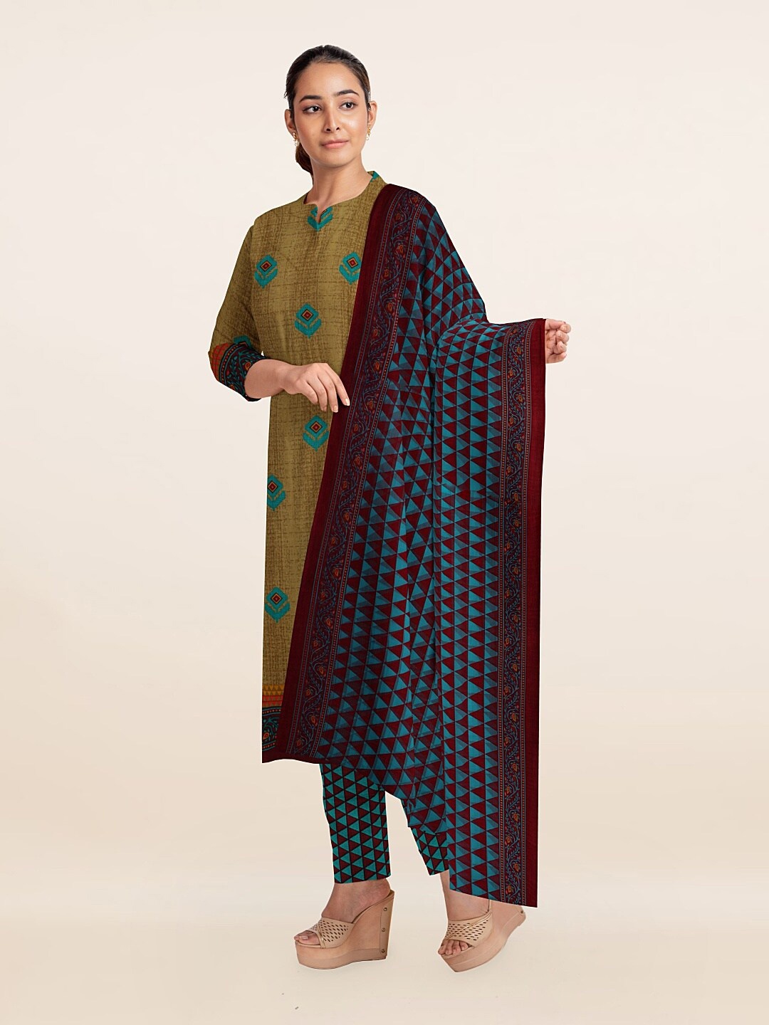 

Pothys Mustard & Blue Unstitched Dress Material
