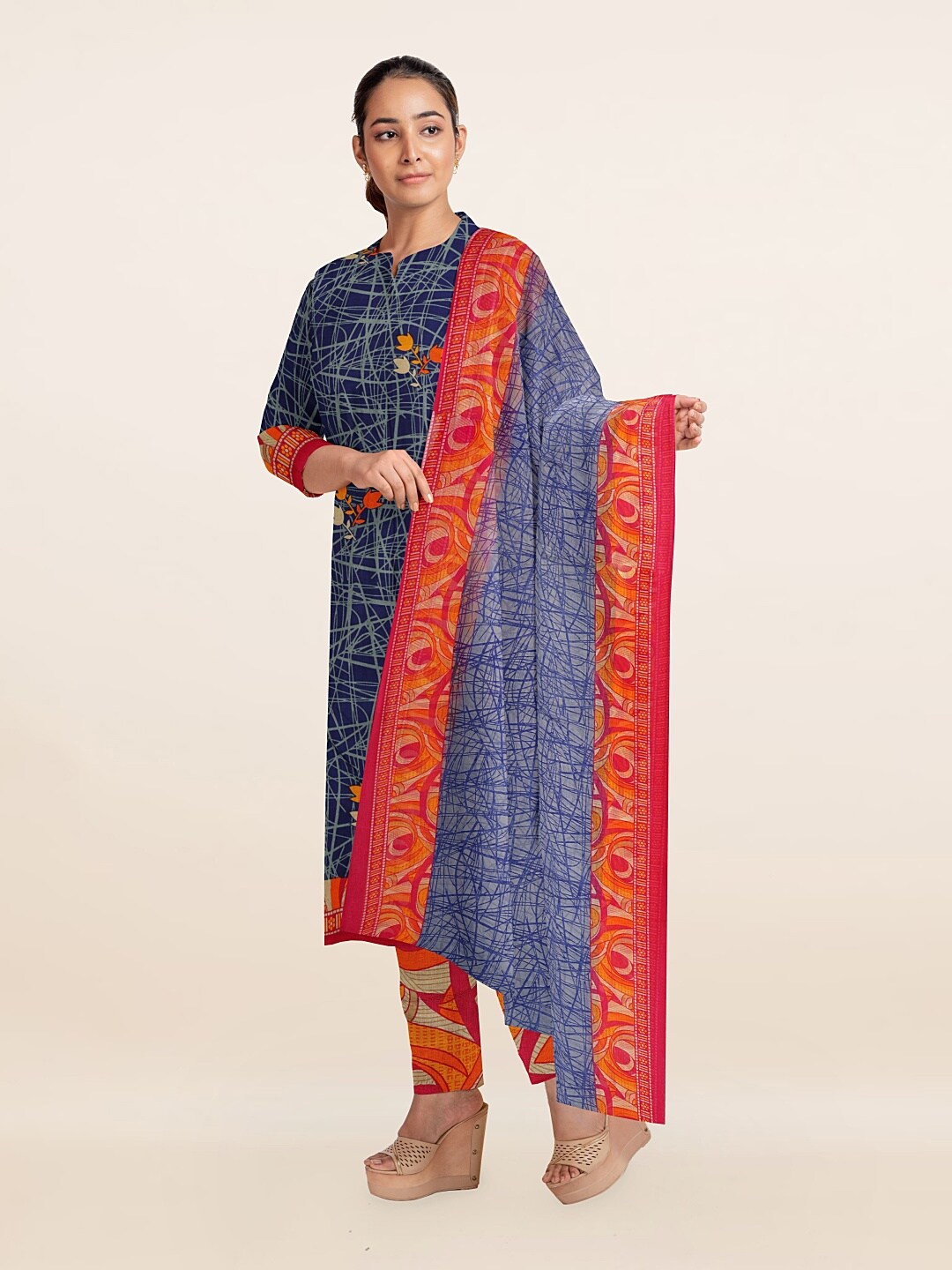 

Pothys Blue & Orange Unstitched Dress Material