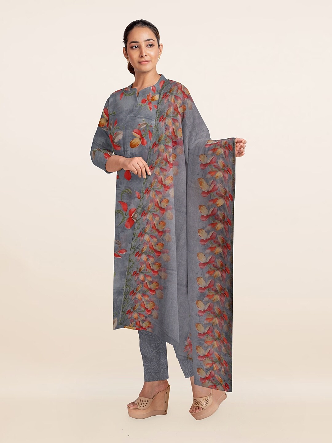 

Pothys Grey & Red Unstitched Dress Material