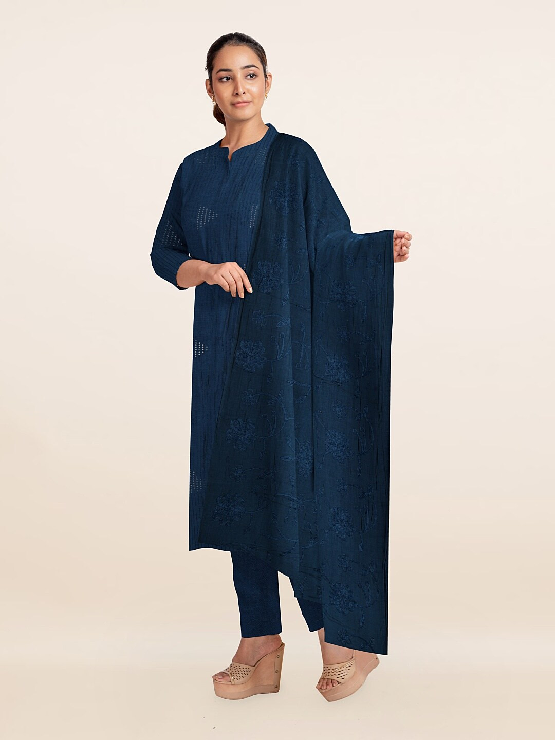 

Pothys Blue & Silver-Toned Unstitched Dress Material