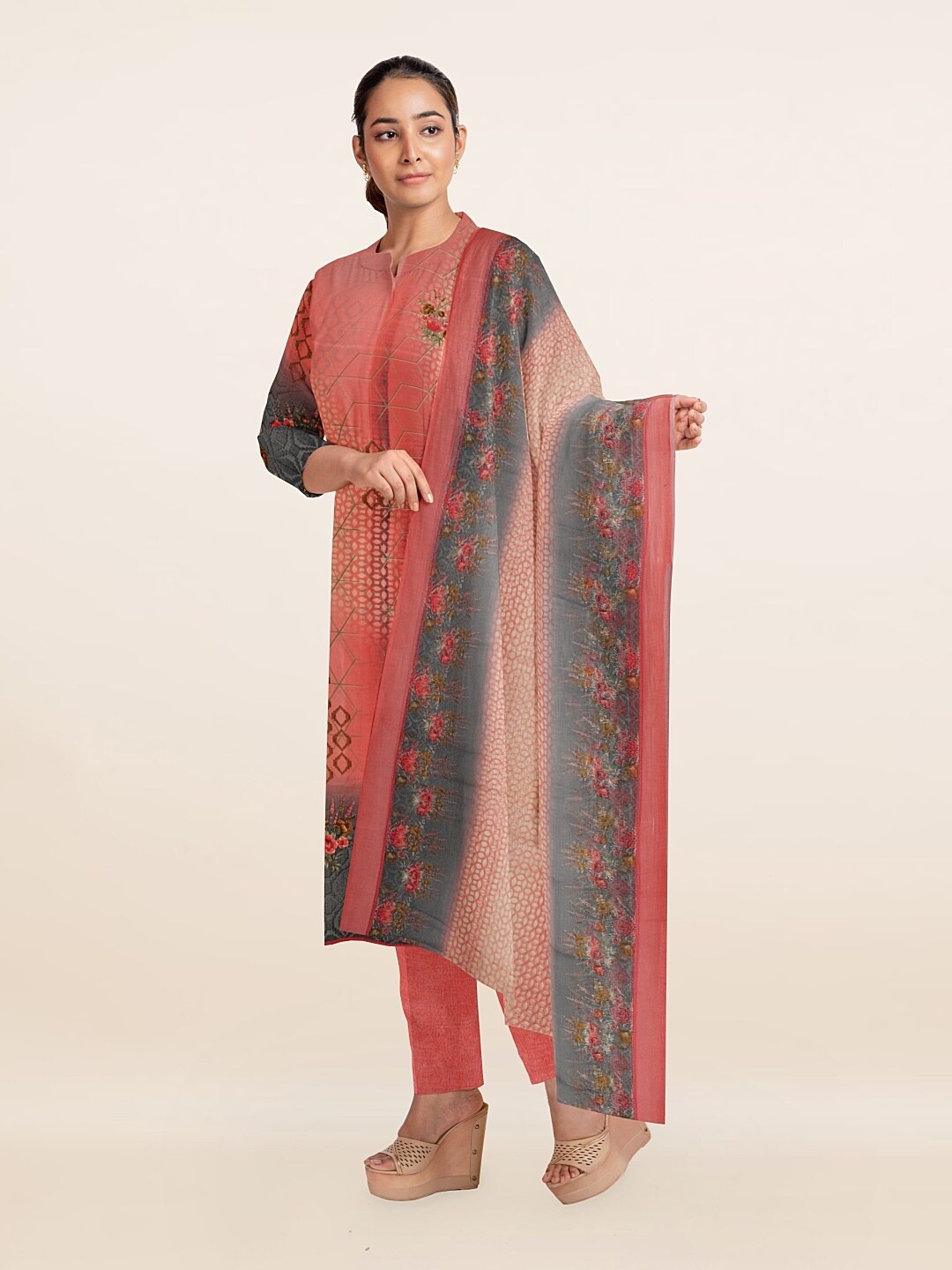

Pothys Peach-Coloured & Grey Unstitched Dress Material
