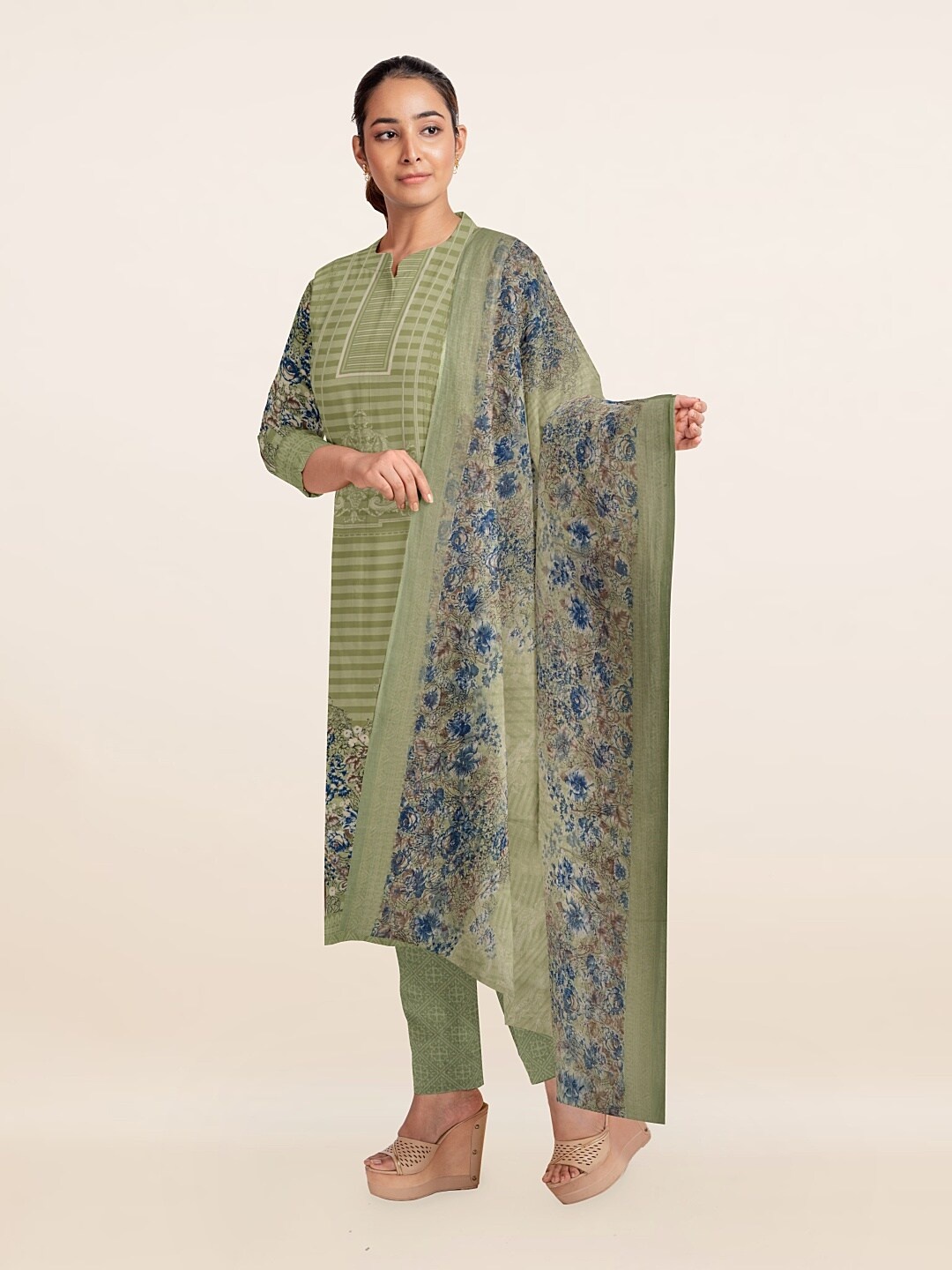 

Pothys Green & Blue Unstitched Dress Material