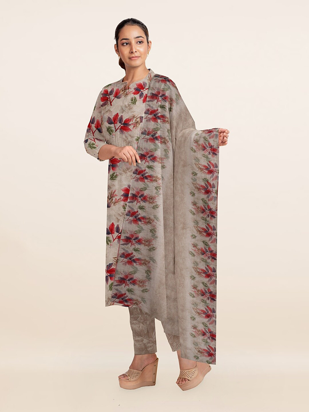 

Pothys Grey & Red Printed Unstitched Dress Material