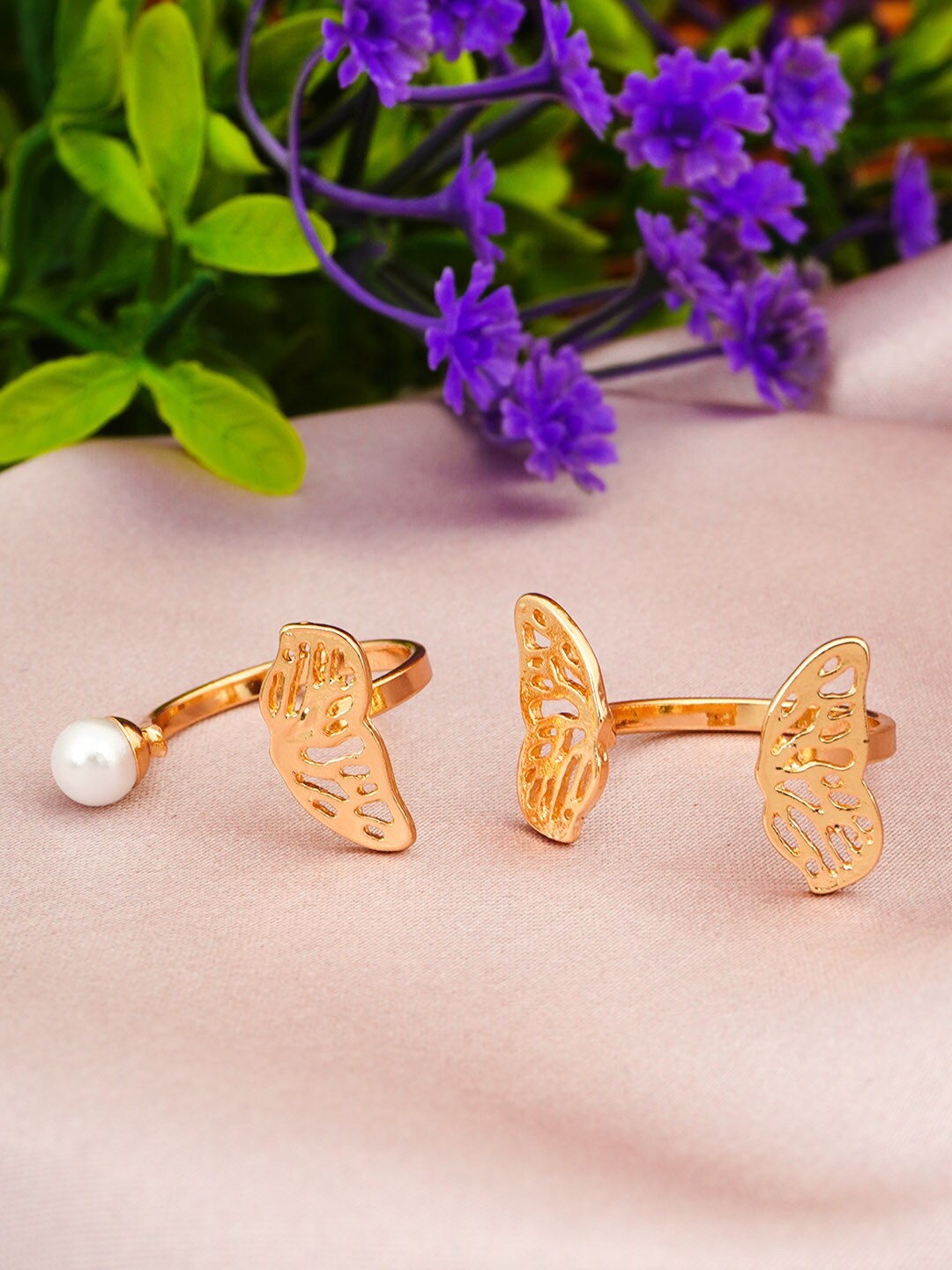

Ferosh Set Of 2 Gold-Plated Stone-Studded & Beaded Finger Ring