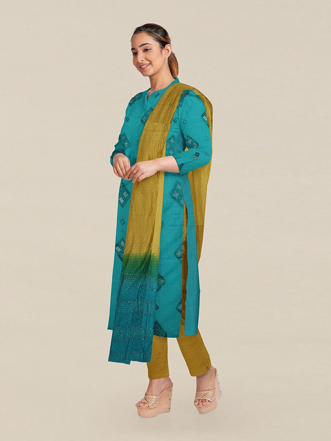 

Pothys Blue & Mustard Printed Unstitched Dress Material