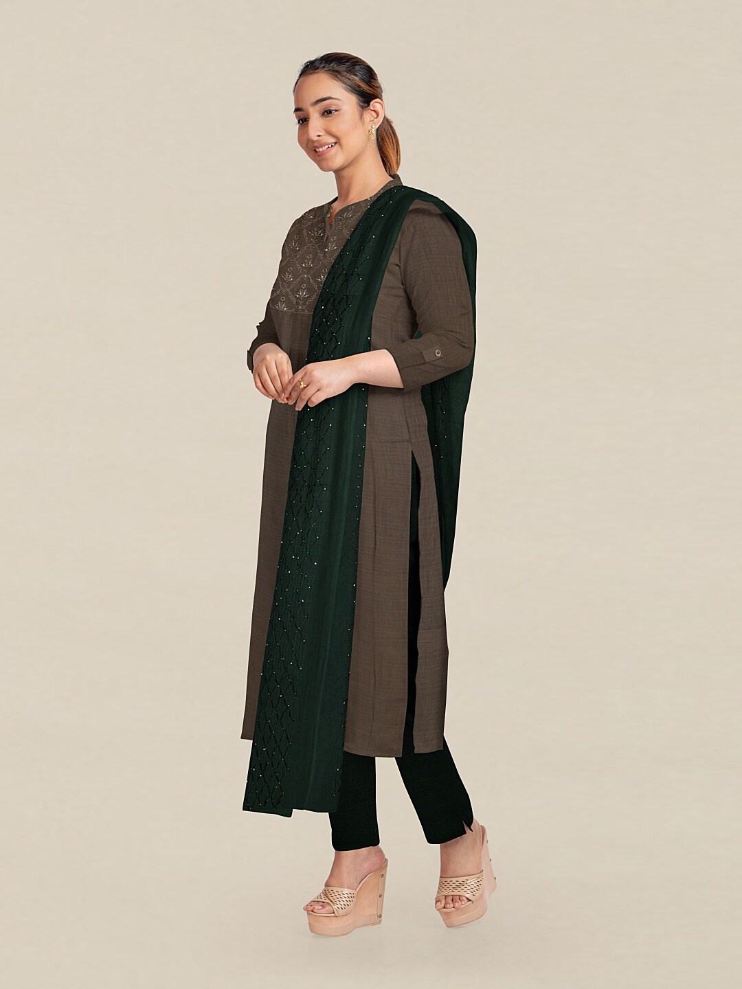 

Pothys Brown & Green Embroidered Unstitched Dress Material