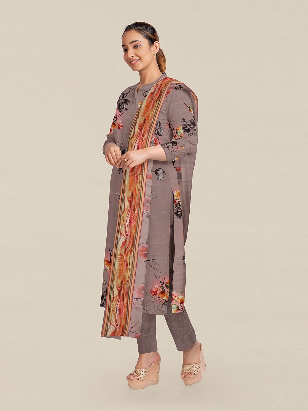 

Pothys Peach-Coloured & Pink Printed Unstitched Dress Material