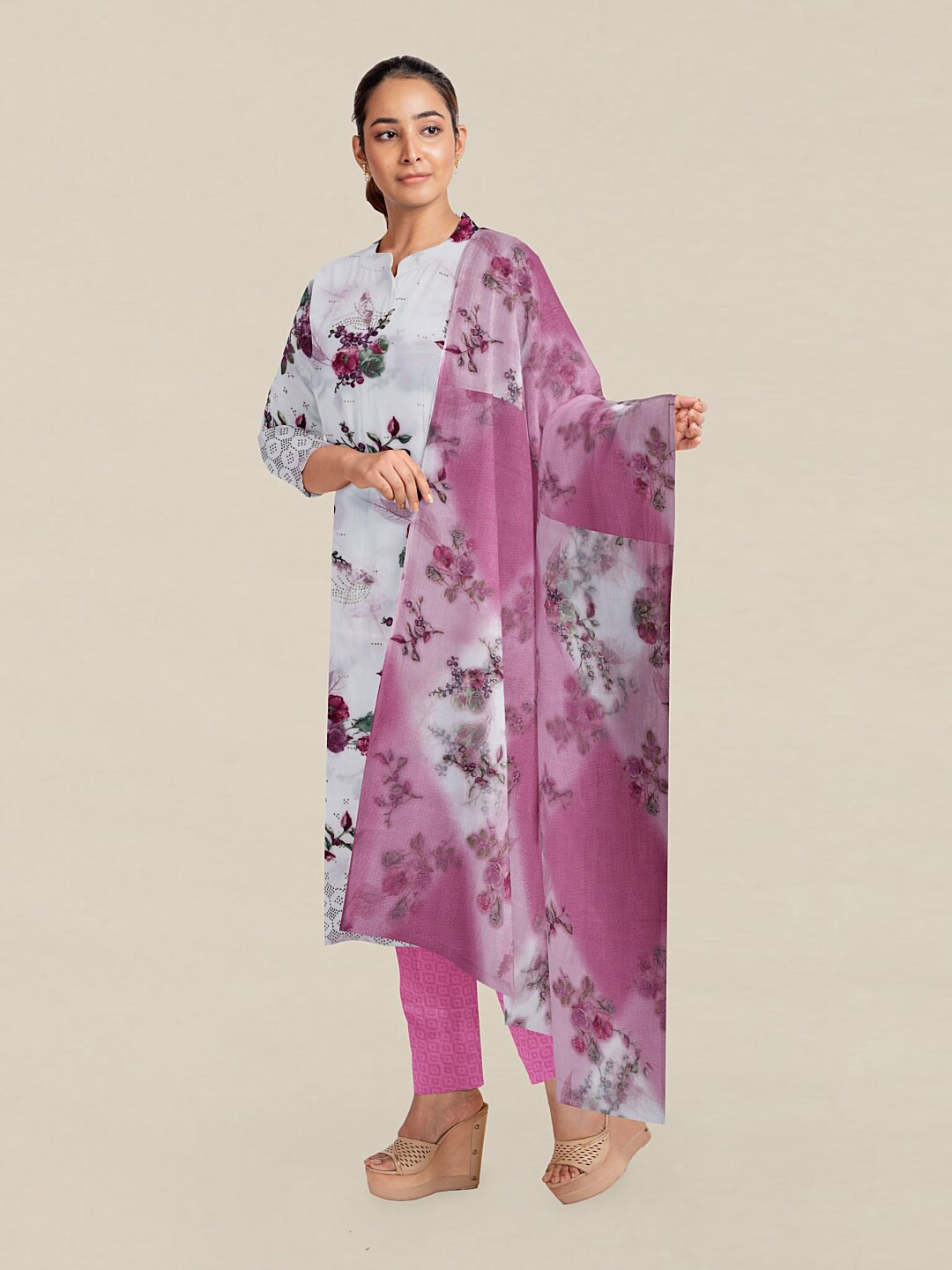 

Pothys White & Pink Printed Unstitched Dress Material