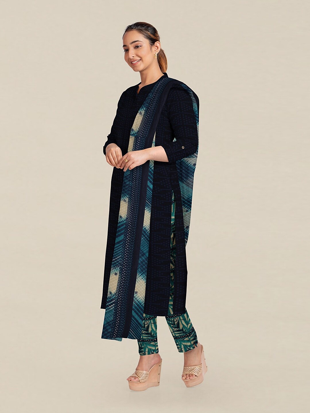 

Pothys Navy Blue & Green Unstitched Dress Material