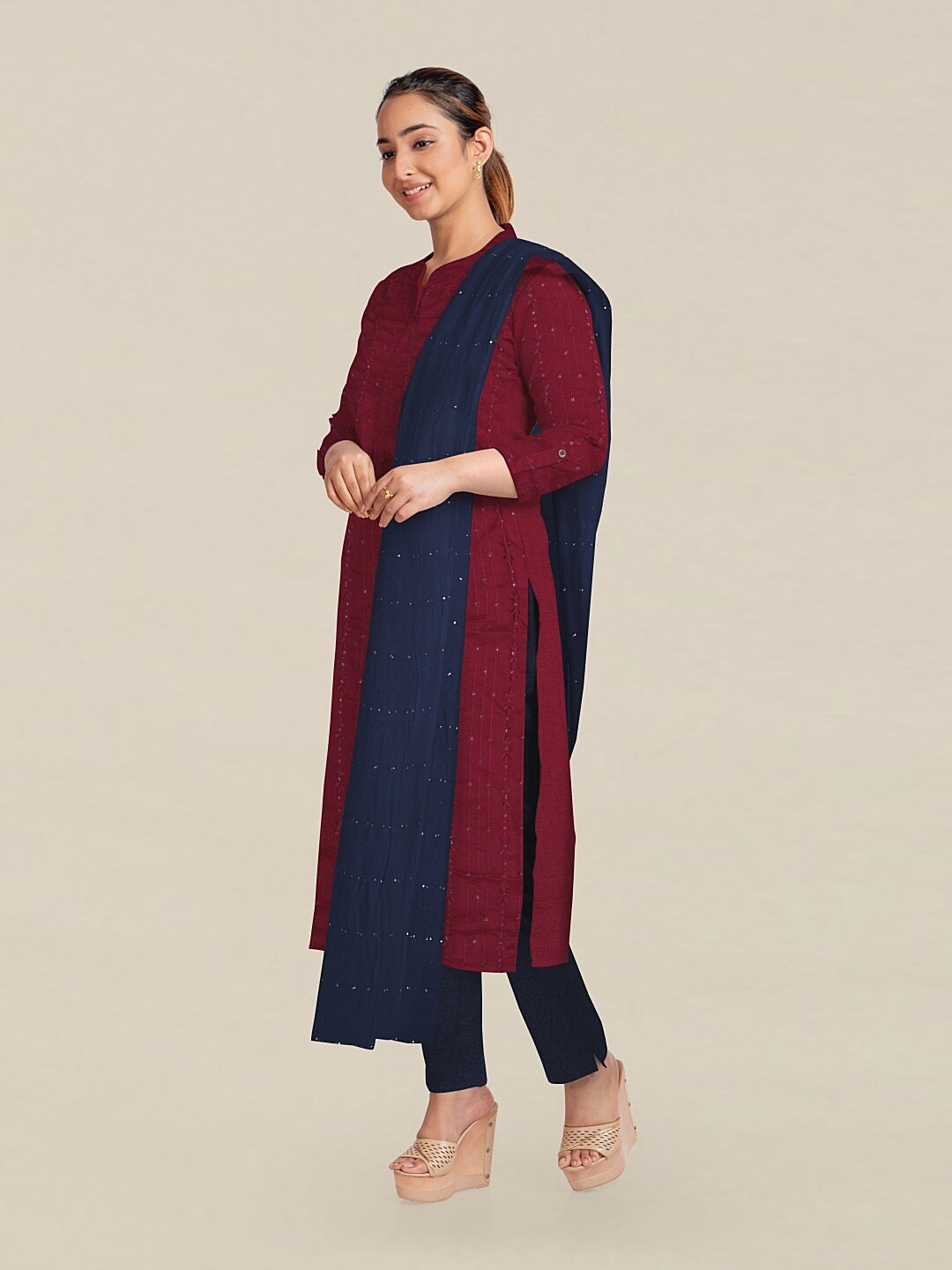 

Pothys Maroon & Blue Embroidered Unstitched Dress Material