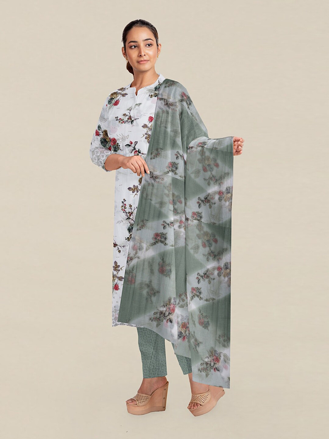 

Pothys White & Grey Unstitched Dress Material