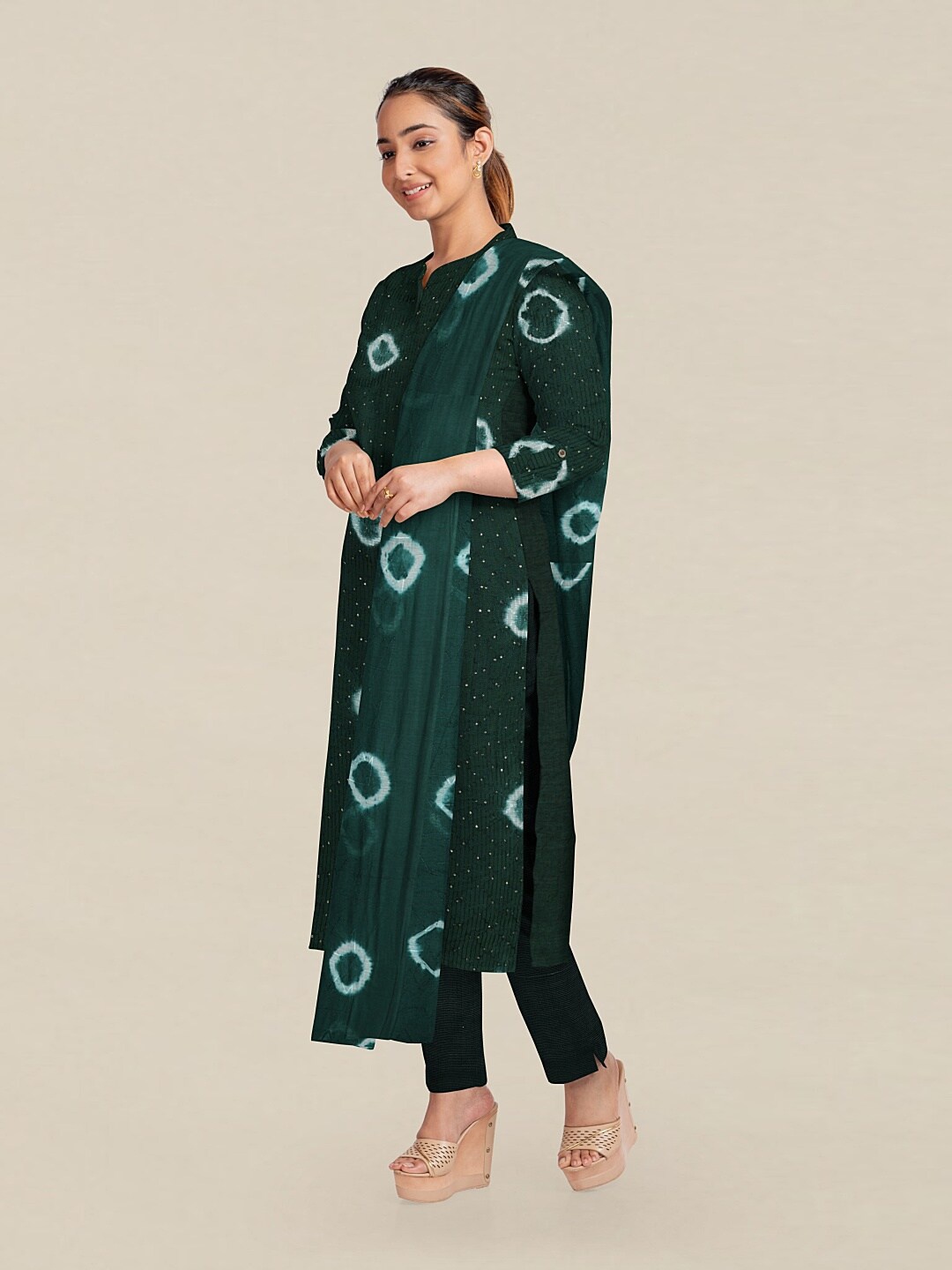 

Pothys Green & White Dyed Unstitched Dress Material