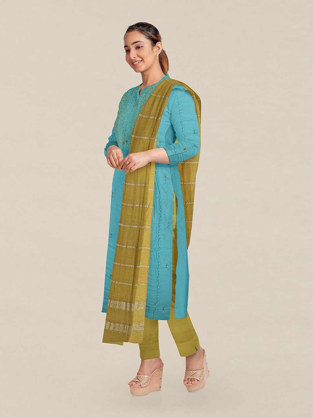 

Pothys Blue & Green Embroidered Unstitched Dress Material