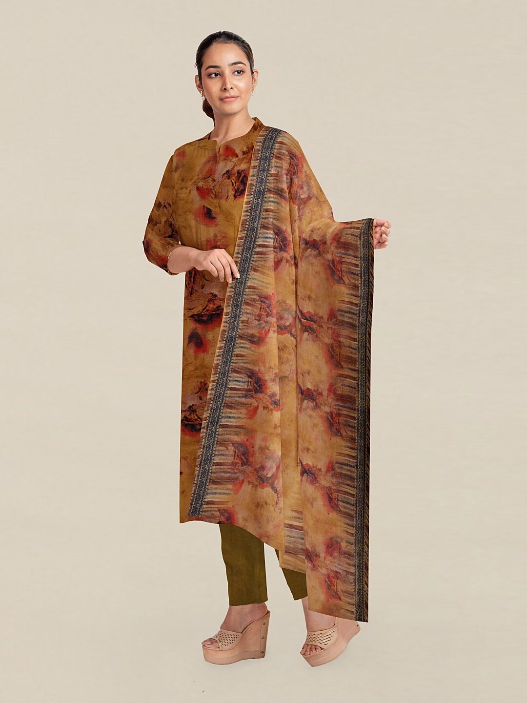

Pothys Mustard & Orange Printed Unstitched Dress Material
