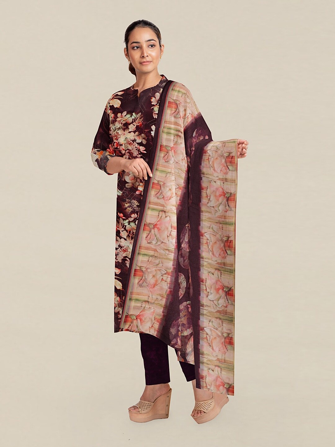 

Pothys Maroon & Orange Printed Unstitched Dress Material