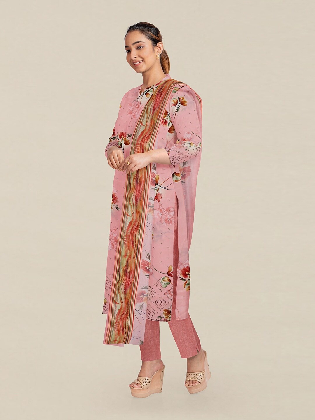 

Pothys Pink & Beige Printed Unstitched Dress Material