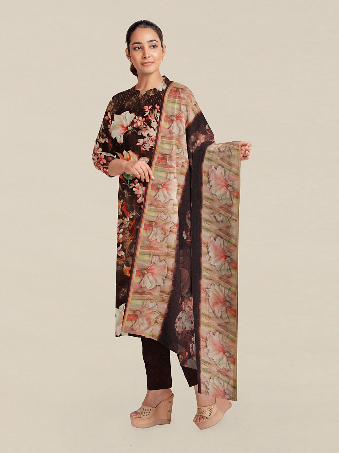 

Pothys Brown & Pink Printed Unstitched Dress Material