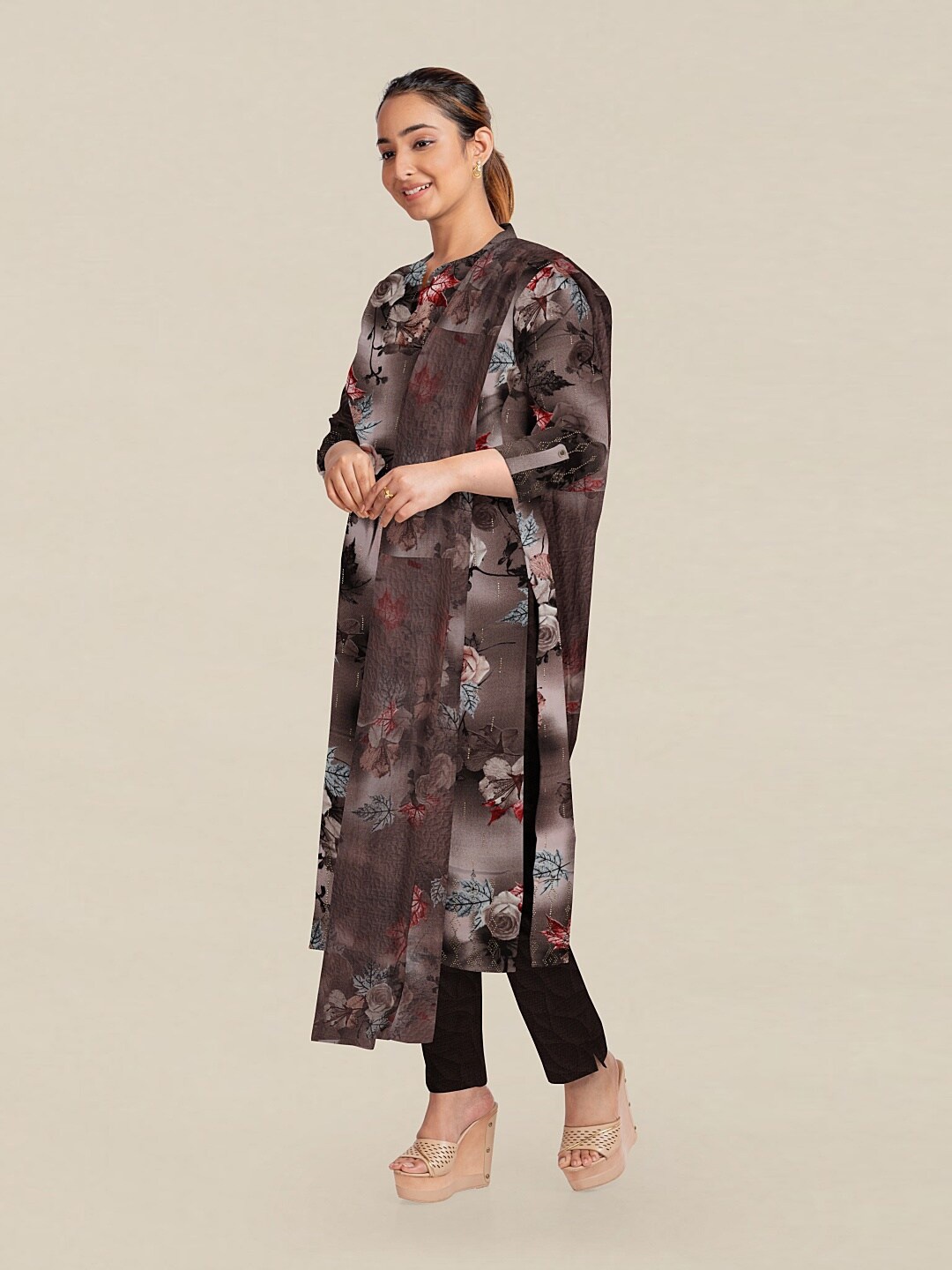 

Pothys Brown & Pink Printed Unstitched Dress Material